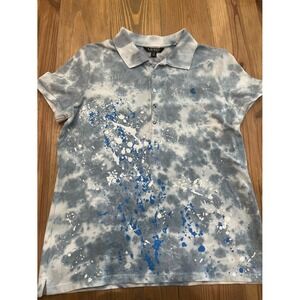 Lauren Ralph Lauren Women's Polo Shirt‎ L Baby Blue & White Tie Dye